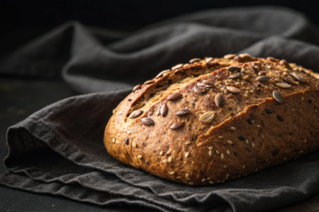 A loaf of whole grain bread is placed on a textured dark cloth, showcasing its crunchy crust and scattered seeds, creating an inviting look perfect for a meal or snack.の写真素材