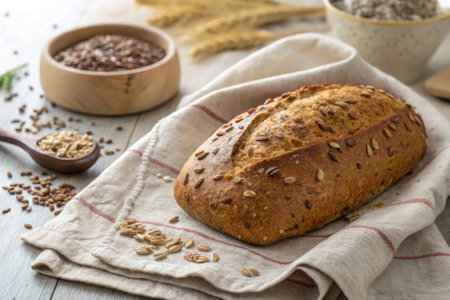 A warm loaf of bread sprinkled with various seeds rests on a linen cloth. Surrounding the bread are bowls of seeds, grains, and dried herbs, creating an inviting kitchen atmosphere.の写真素材