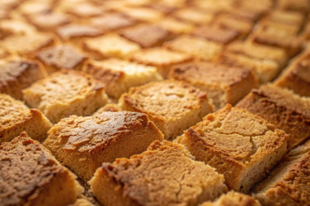 Rows of moist cake squares sit cooling on a countertop, showcasing a golden brown crust. The texture...