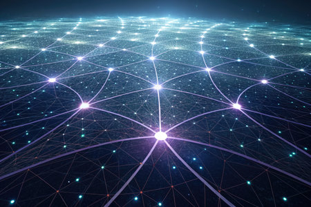 Bright nodes connect through elaborate web-like structures, showcasing the complexity of neural networks.の写真素材