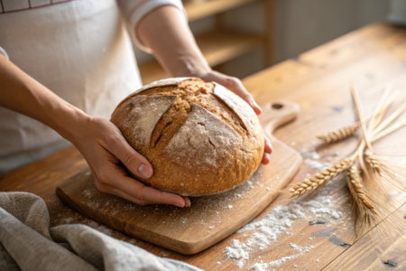 A person is holding a round loaf of freshly baked bread on a wooden cutting board. The kitchen has a warm atmosphere with flour scattered on the surface and wheat stalks nearby.の写真素材