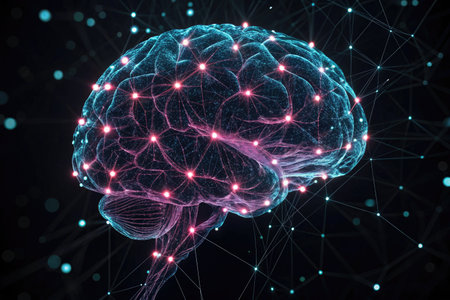 A vibrant representation of a brain interconnected with luminous nodes, showcasing complex neural networks at play.の写真素材