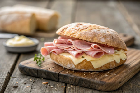 A freshly prepared sandwich features layers of ham and cheese on crusty bread. Accompanying the meal...