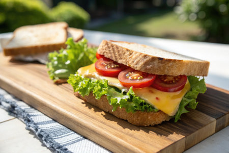 Freshly made sandwich stacked with melted cheese, crisp lettuce, and juicy tomatoes, placed on a wooden cutting board. Sunlight accents the vibrant colors of the ingredients.の写真素材