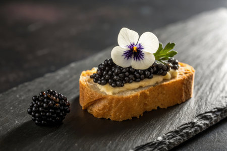 A gourmet appetizer is presented with caviar on a slice of bread topped with a delicate edible flower and herb. The dish is set on a dark slate surface, enhancing its elegance.の写真素材