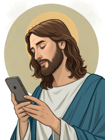 Jesus Christ. A religious figure, depicted with long hair and a beard, is focused on a smartphone, blending tradition with modernity. The background features a soft halo effect, enhancing the contemplative mood.の写真素材