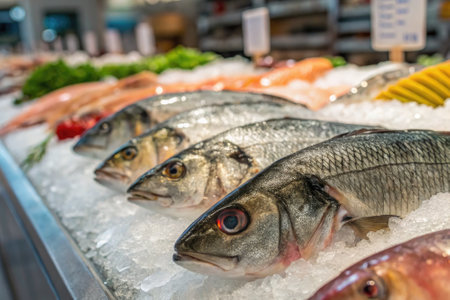 Various types of fish are arranged neatly on ice in a market. The vibrant colors of fresh seafood...