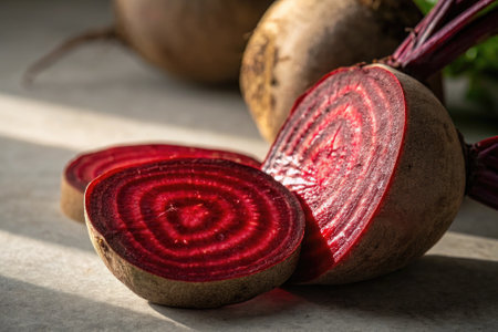 Brightly colored beets are sliced open, revealing their beautiful red and purple interior patterns. Natural lighting enhances the freshness and vibrancy of the vegetables on a neutral countertop.の写真素材