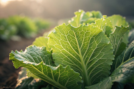 Lush cabbage leaves grow prominently in a garden, illuminated by warm sunlight. The intricate patterns and vibrant colors reflect healthy plant life.の写真素材