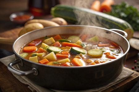 A pot filled with a colorful mixture of chopped vegetables simmers on a stove. Fresh zucchini, carrots, and potatoes create a delicious aroma, inviting warmth and comfort from the kitchen.の写真素材