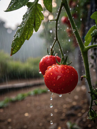 Two bright red tomatoes hang from a green vine, glistening with water droplets from a gentle rain. The lush garden surrounding them showcases a vibrant summer atmosphere.の写真素材