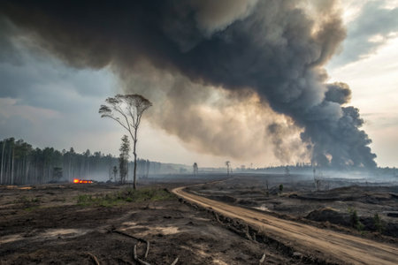 Thick black smoke rises from a raging wildfire in a scorched landscape. A dirt road runs through the charred terrain where trees stand, engulfed in flames and visible devastation.の写真素材