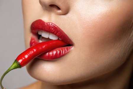 A close-up of a womans face showcases her vibrant red lips as she playfully holds a fresh chili...