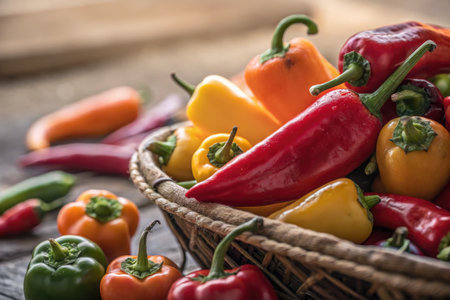 A vibrant collection of various peppers fills a woven basket, showcasing colors ranging from bright...