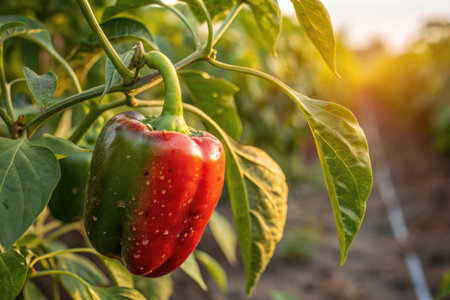 A bell pepper hanging on a plant in a field, showcasing its vibrant colors of red and green. The sunlight enhances the natural hues, creating a warm atmosphere as summer progresses.の写真素材