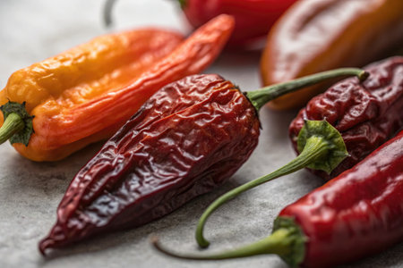A vibrant collection of chili peppers in various colors and shapes is arranged on a gray background. These fresh ingredients are perfect for adding flavor and spice to meals.の写真素材