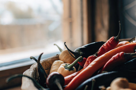 A variety of colorful peppers including jalapenos and bell peppers are arranged in a wooden bowl near a window. Natural light enhances the freshness of the peppers during the day.の写真素材