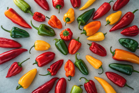 Various types of fresh peppers are arranged artistically on a gray surface, showcasing a vibrant...
