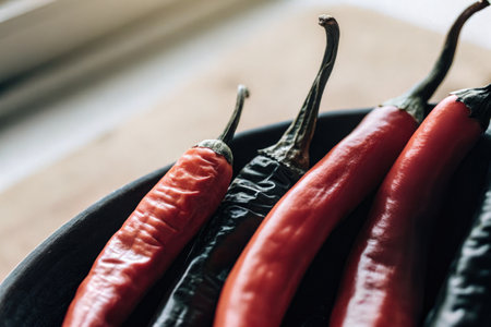 Bright red and dark dried chilies are arranged neatly on a dark plate. Sunlight streams through a...