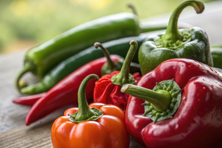 A vibrant assortment of peppers including red, green, orange, and yellow varieties is arranged on a...