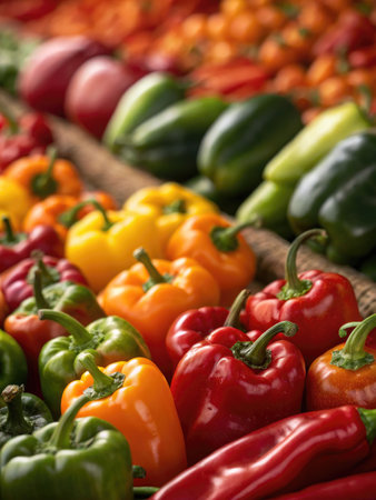 A vibrant assortment of fresh bell peppers in various colors is displayed at a local farmers market during autumn. Shoppers enjoy selecting from the bountiful harvest of seasonal produce.の写真素材