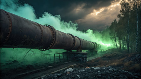 Amidst dark clouds and eerie green mist, rusted pipes jut out from the earth, symbolizing dire ecological damage and pollution. Surrounding trees appear ghostly in this haunting setting.の写真素材