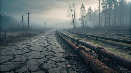 In a barren landscape, cracked ground stretches under a gloomy sky, with rusty pipes lining a deserted road. Dead trees stand as reminders of ecological collapse and environmental devastation.の写真素材