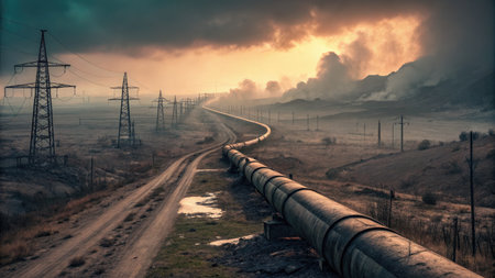 This desolate landscape showcases a long abandoned pipeline stretching through the barren earth, surrounded by tall power lines.の写真素材