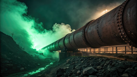 In a desolate area, a rusted pipe extends into the mist, surrounded by eerie green smoke and remnants of industrial activity. This location highlights severe ecological damage and pollution.の写真素材