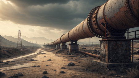 In a desolate terrain, a massive rusty pipeline stretches across a barren wasteland. Dark clouds loom overhead, hinting at the environmental challenges and pollution faced in this abandoned landscape.の写真素材