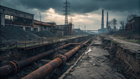 In a once-thriving industrial area, rusted pipes and crumbling structures illustrate the impact of pollution and neglect. Dark clouds loom overhead, reflecting the dire state of the ecosystem.の写真素材