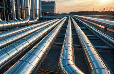 Gleaming metallic pipes stretch across rooftops, reflecting the warm glow of the setting sun. This industrial setup showcases advanced engineering in a bustling urban environment.の写真素材
