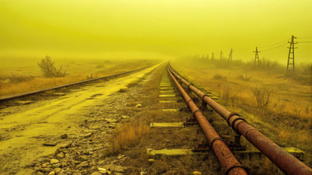 A barren landscape stretches ahead under a yellow haze, where rusted pipes line a dirt path. Sparse vegetation struggles against pollution, highlighting the aftermath of ecological damage and neglect.の写真素材