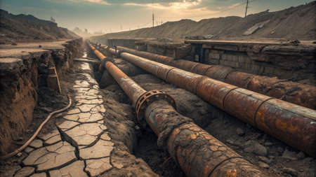 In a barren, desolate setting, rusted pipes lay exposed along cracked earth, showcasing the severe impact of environmental neglect. The sky is overcast, hinting at a troubled future.の写真素材