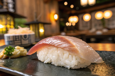 Fresh sushi featuring delicate fish slices rests on a dark plate, accompanied by ginger and wasabi. The ambient lighting and decor suggest a cozy, inviting restaurant atmosphere.の写真素材