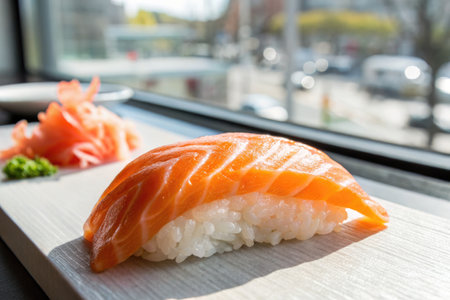 In a bright setting, a piece of salmon sushi sits on a wooden plate, accompanied by wasabi and pickled ginger. Outside the window, city traffic and buildings are visible, creating an urban atmosphere.の写真素材