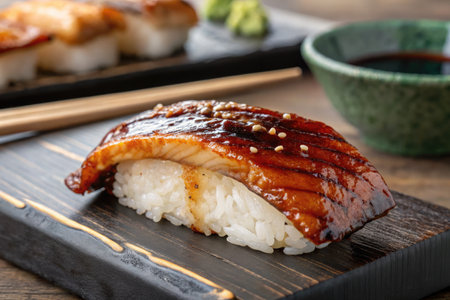 Grilled fish sushi sits on a wooden platter alongside wasabi and soy sauce. This traditional dish showcases artistry in Japanese cuisine, highlighting flavors and textures.の写真素材