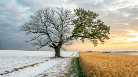 A majestic tree stands at the border where snowy winter gives way to golden fields of autumn grain. Warm colors light up the sky, creating a beautiful transition of natures seasons.の写真素材