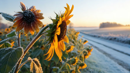Golden sunflowers stand brightly against a frosty winter landscape, basking in warm sunlight. A quiet dirt path winds through fields, inviting a sense of peace and natural beauty at dawn.の写真素材