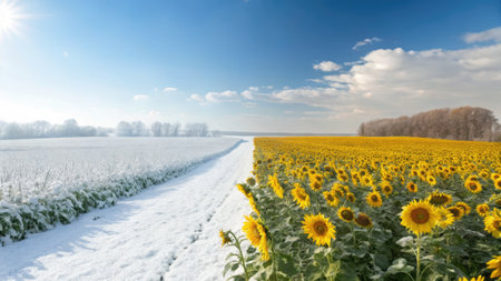 Vibrant sunflowers bloom under a clear sky, while the other side is cloaked in snow. This striking scene captures the beauty of natures seasonal changes and contrasts.の写真素材