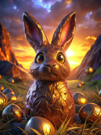 A chocolate Easter bunny sits proudly amidst colorful eggs in a field. The sun sets behind the...
