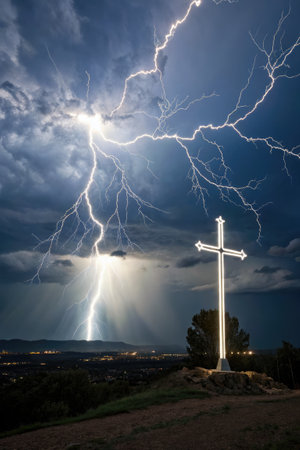 A striking cross stands illuminated against the dark stormy sky as lightning strikes nearby. The scene conveys a sense of awe and reverence amidst natureâs fury during the night.の写真素材