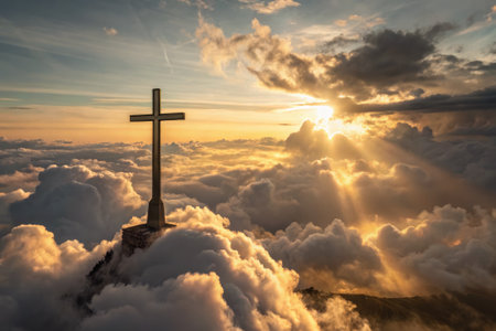 A towering cross stands on a mountaintop surrounded by fluffy clouds as the sun sets, casting golden light across the sky. This moment captures the essence of faith and spirituality in nature.の写真素材