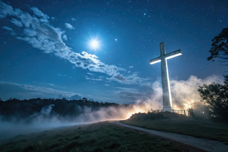 A large cross stands tall against the night sky, illuminated by soft light. Surrounding fog adds mystery, while stars twinkle above.の写真素材