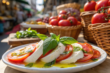 A delightful caprese salad is beautifully arranged on a plate, showcasing thick slices of ripe heirloom tomatoes and creamy mozzarella.の写真素材