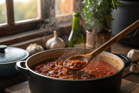 A dramatic close up captures a bubbling pot filled with rich tomato sauce, steam rising as a wooden spoon stirs through hearty ingredients.の写真素材