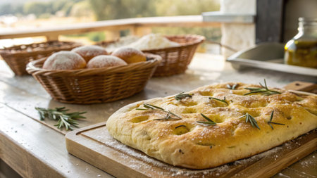 In a rustic Italian kitchen, golden focaccia bread is laid out on a wooden board. Fresh rosemary...