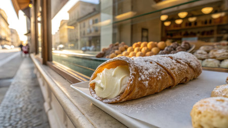A tempting cannoli rests elegantly on a plate, filled with rich ricotta cream and dusted with powdered sugar.の写真素材