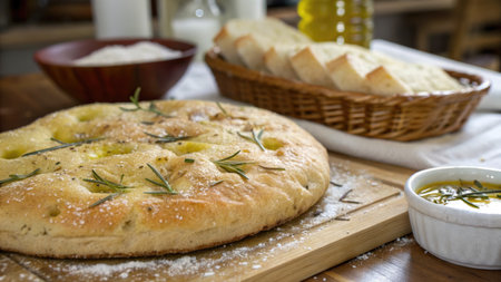A delightful focaccia bread freshly baked, showcasing its golden crust and topped with aromatic herbs. Nearby, a basket holds slices of bread, with olive oil and flour adding to the rustic charm.の写真素材