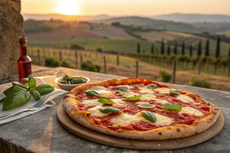 Classic margherita pizza displaying fresh mozzarella and basil. A stunning sunset filters over rolling vineyards, creating an idyllic dining experience in Italy.の写真素材
